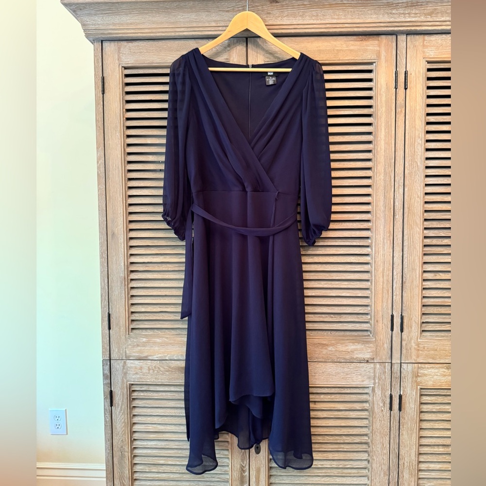 DKNY Navy Blue Faux-Wrap Chiffon Dress